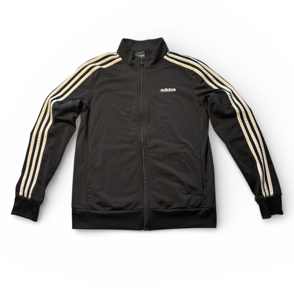 Adidas Black Track Jacket  Full Zip Up Three white Stripe Athleisure Medium